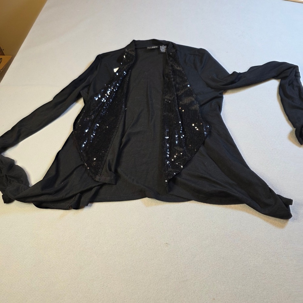 Daytrip Black Sequin Open Front Cardigan Draped Long Sleeve Shabby Chic Size M